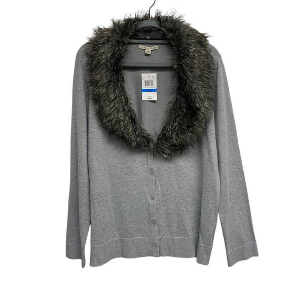 Carolyn Taylor Womens Size XL Grey Furry Trim Cardigan Sweater - Picture 1 of 5